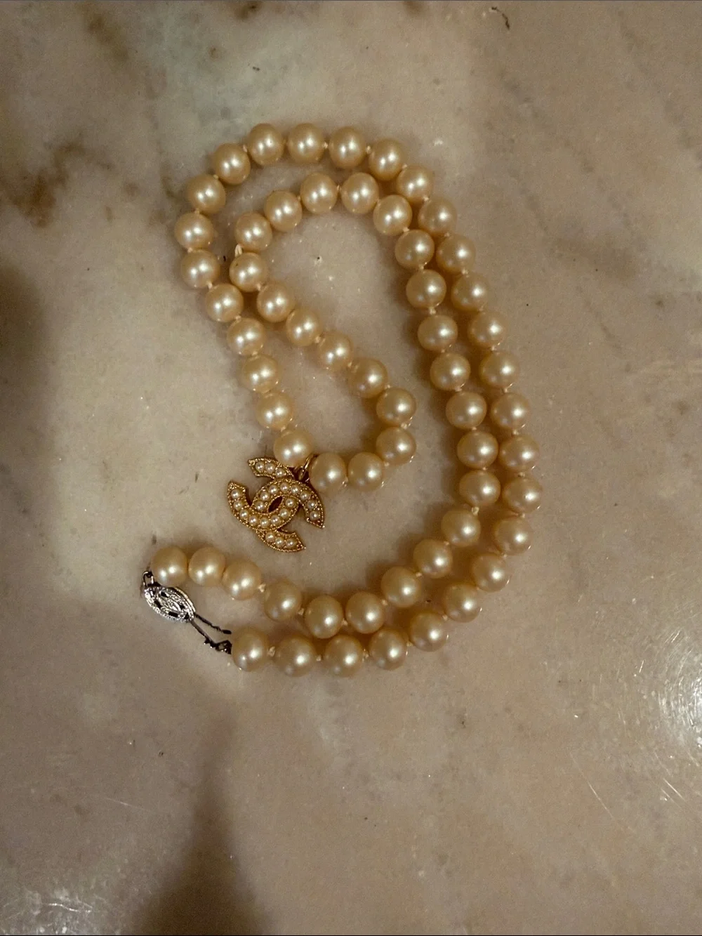 CHANEL Pearl Necklace with Gold CC Crystal Pendant